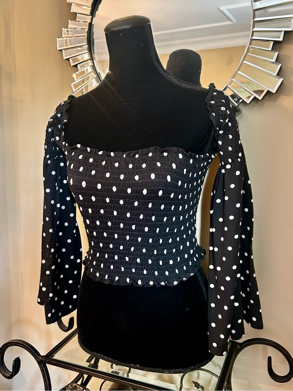 Revamped Polka Dot Off-Shoulder Top with Bell Sleeves - Picture 4 of 6